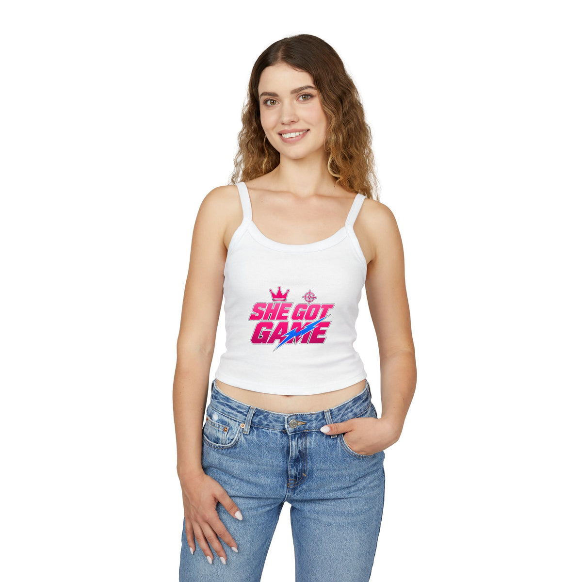 Spaghetti Tank — "She Got Game" Retro Graphic Crop Top