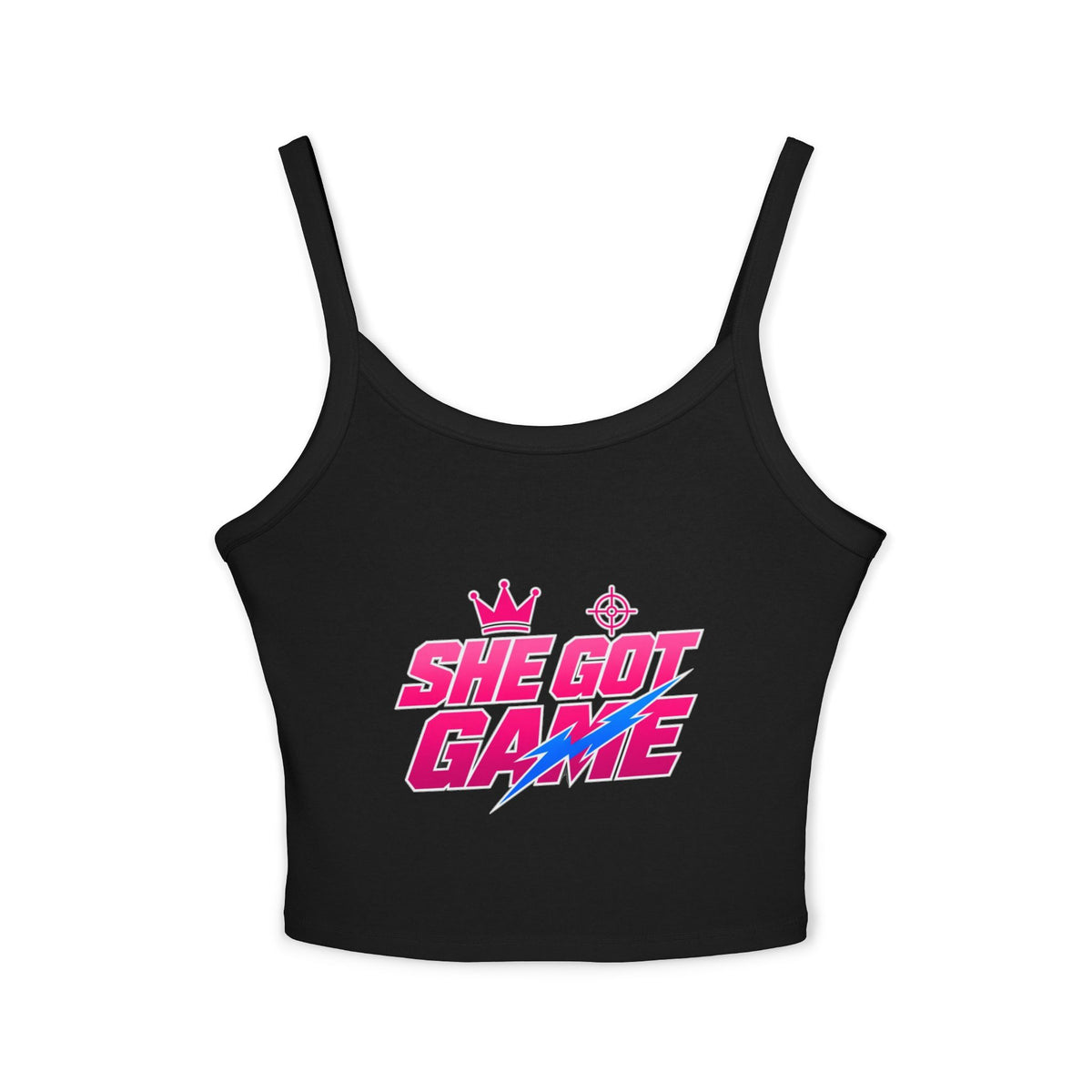 Spaghetti Tank — "She Got Game" Retro Graphic Crop Top