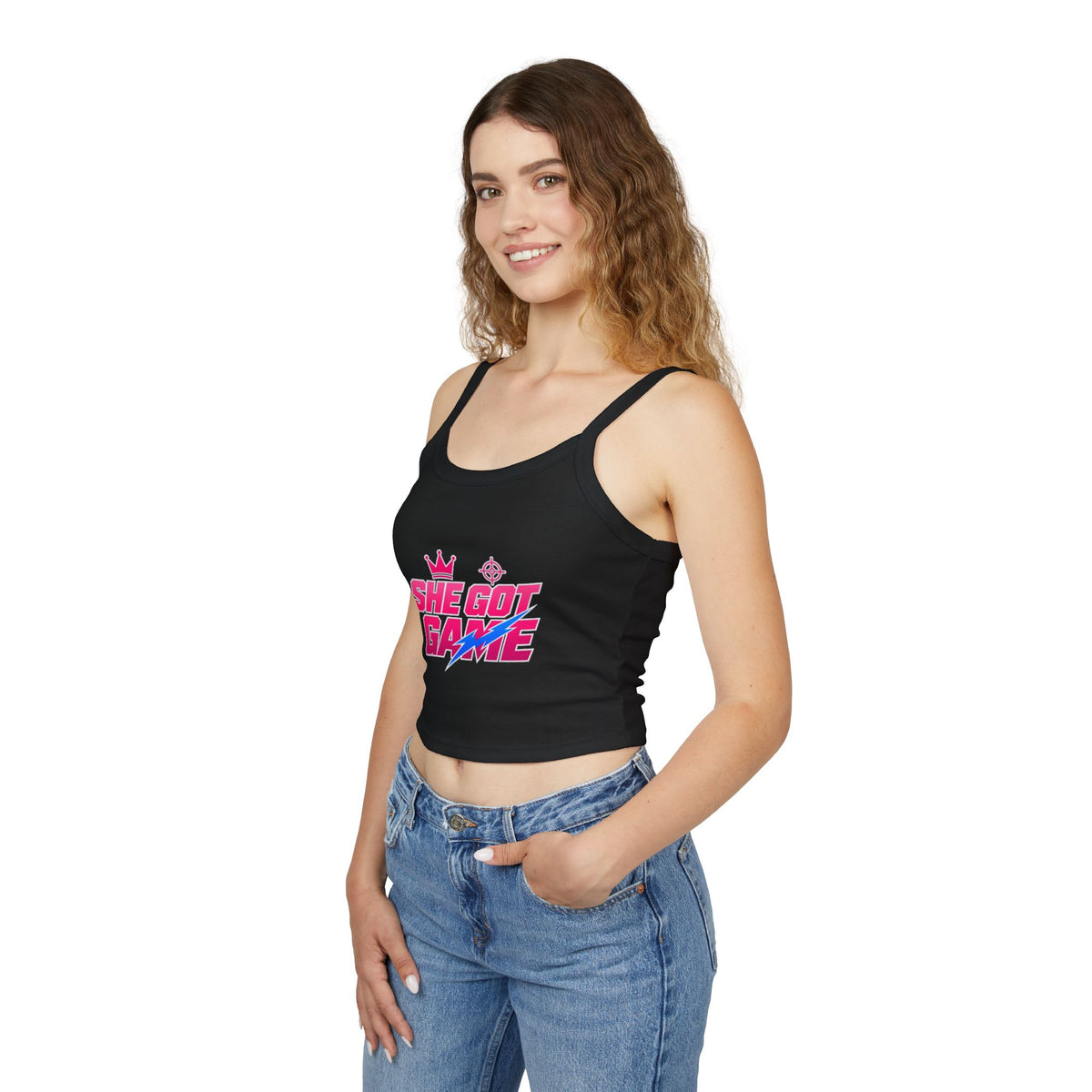 Spaghetti Tank — "She Got Game" Retro Graphic Crop Top