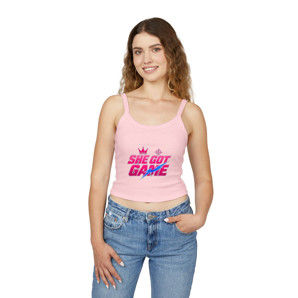 Spaghetti Tank — "She Got Game" Retro Graphic Crop Top