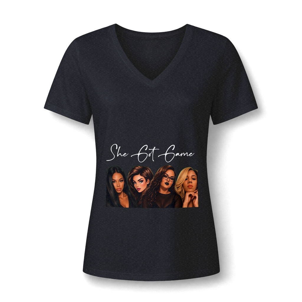 Women's V-Neck Tee — "She Got Game" Graphic Tee featuring Queens of S.G.G.