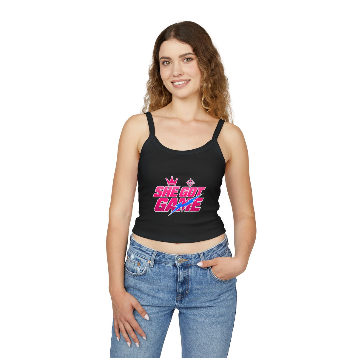 Spaghetti Tank — "She Got Game" Retro Graphic Crop Top