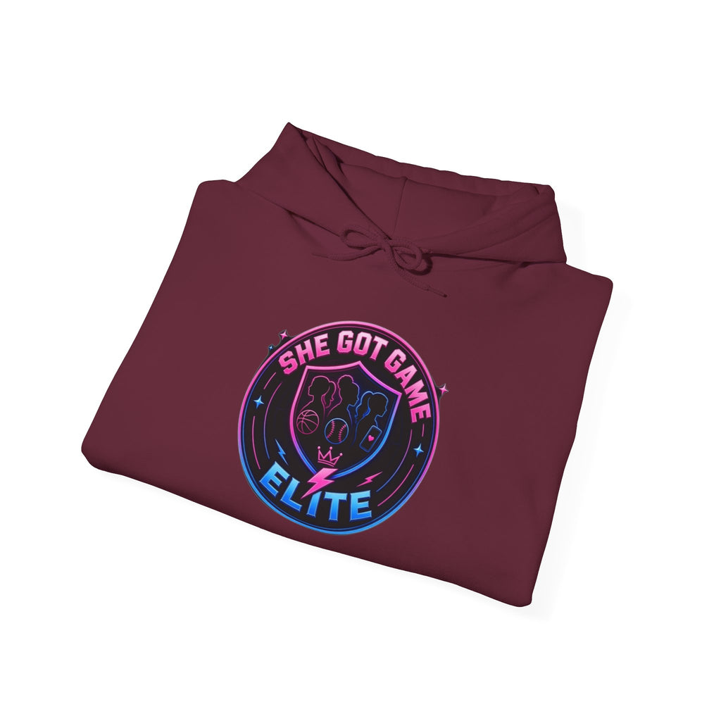 She Got Game Elite Hoodie — Retro Neon Gaming Logo Pullover
