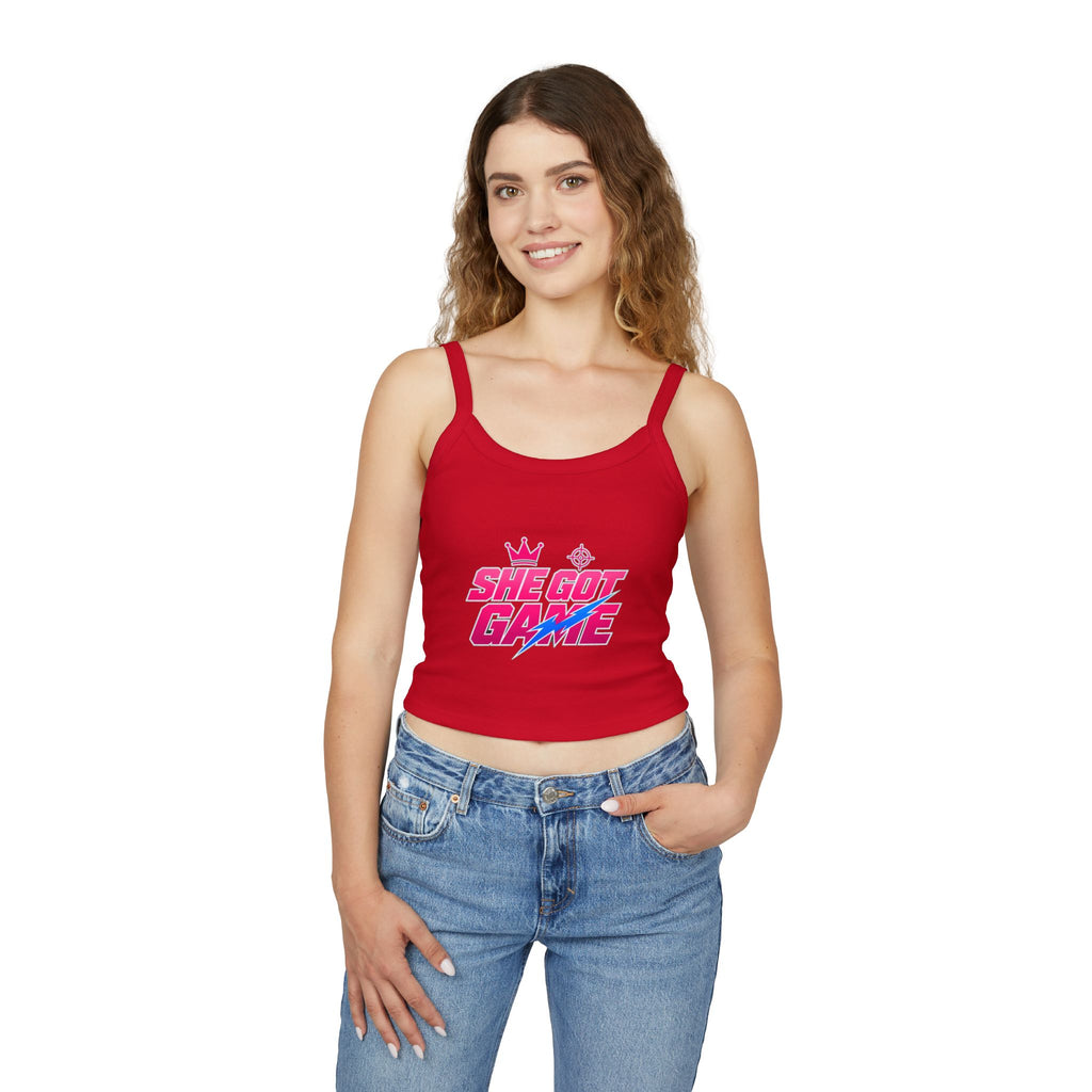 Spaghetti Tank — "She Got Game" Retro Graphic Crop Top