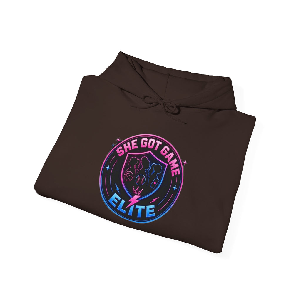 She Got Game Elite Hoodie — Retro Neon Gaming Logo Pullover